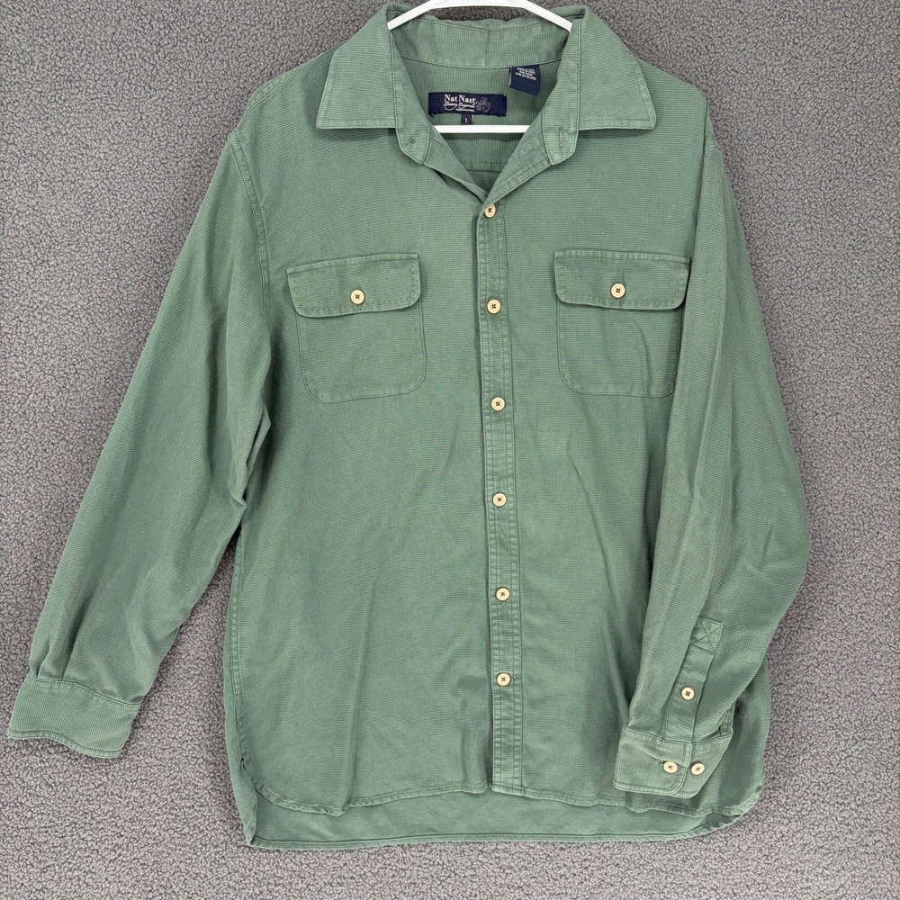 Nat Nast Luxury Originals Mens Large Green Silk Cotton Textured Button Down